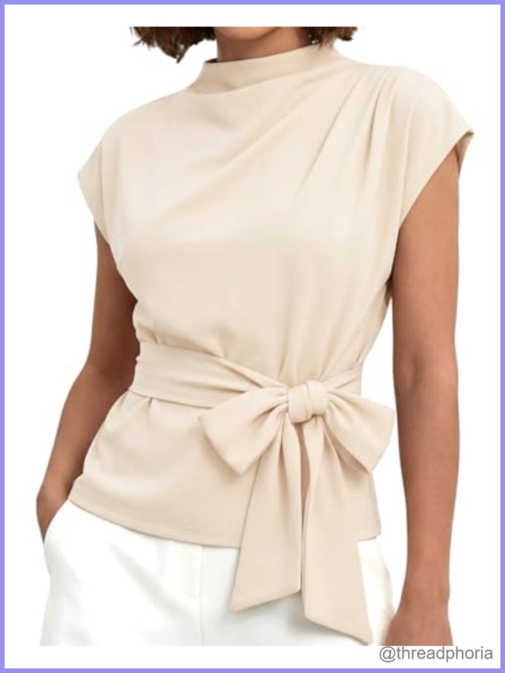 Women's Dressy Mock Neck Blouse Cap Sleeve Tie Waist Belted Work Top